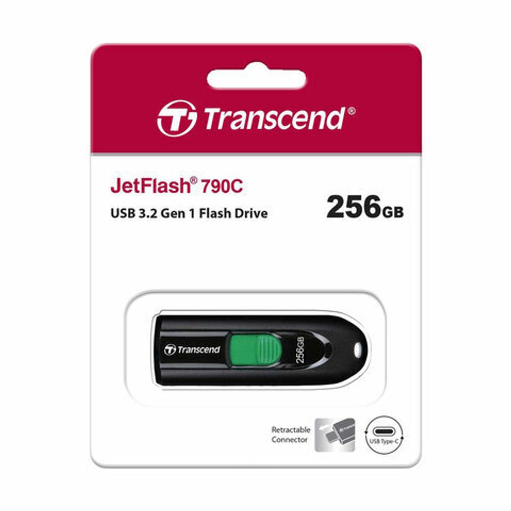 Флеш-диск 256GB TRANSCEND JetFlash 790C, разъем USB Type-С, черный/зеленый, TS256GJF790C