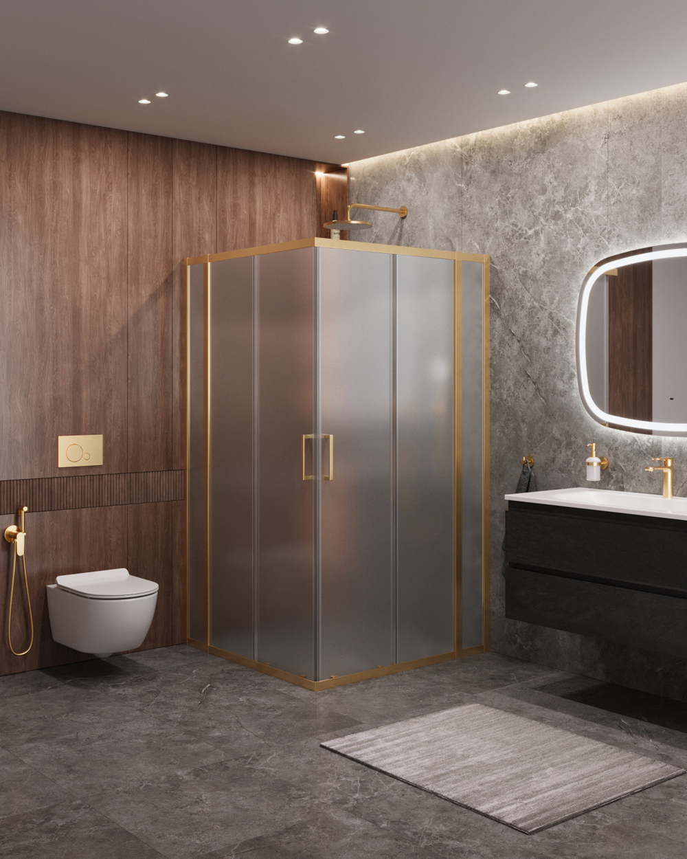 Душевой уголок Cezares MOLVENO-A-22-90+20-P-BORO, 110х110х195, профиль брашированное золото, стекло Punto
