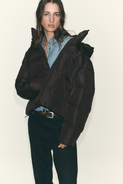 ZARA НЕПРОМОКАЕМЫЙ ВЕТРОЗАЩИТНЫЙ КОРОТКИЙ СТЕГАНЫЙ АНОРАК, КОРИЧНЕВЫЙ