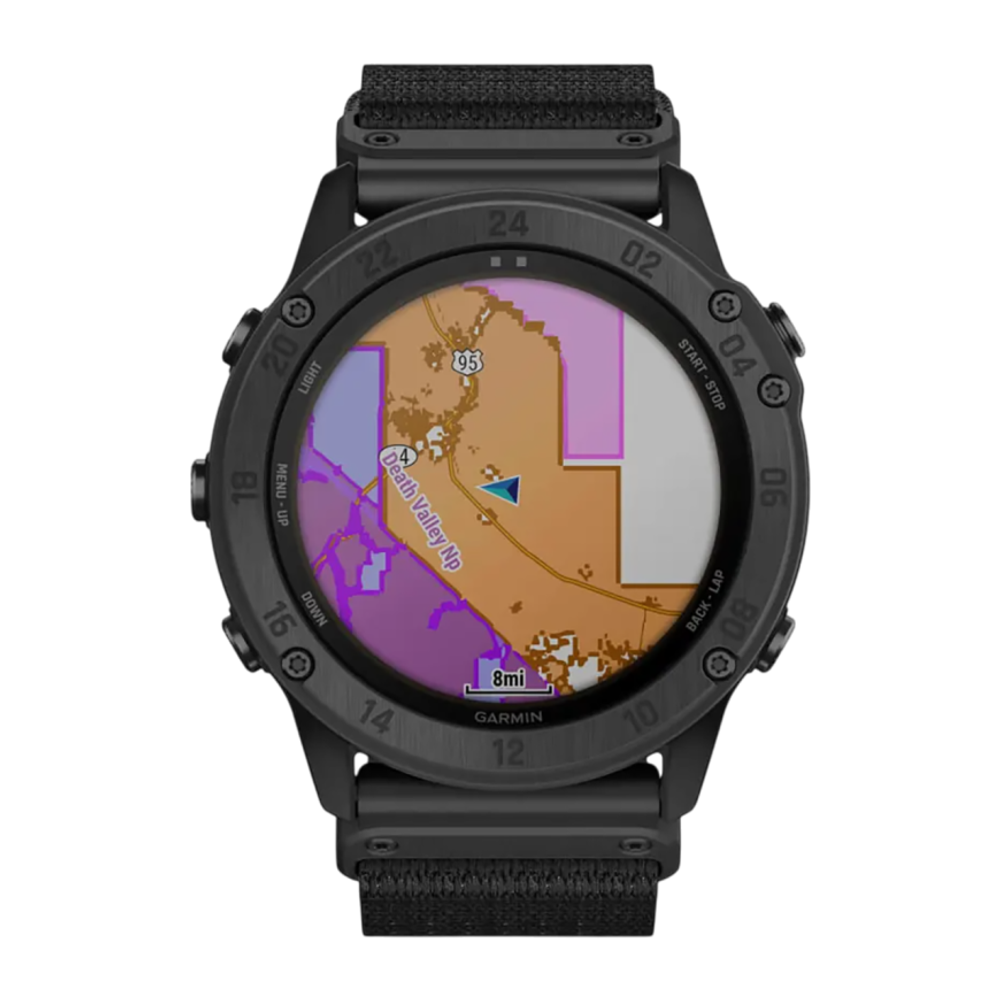 Спортивные часы Garmin tactix Delta Solar Edition, чёрный нейлоновый ремешок, чёрный силиконовый ремешок Безель из стали с DLC-покрытием, дисплей Solar со стеклом Power Sapphire. Нейлоновый ремешок и силиконовый ремешок с классическими застёжками — на зап