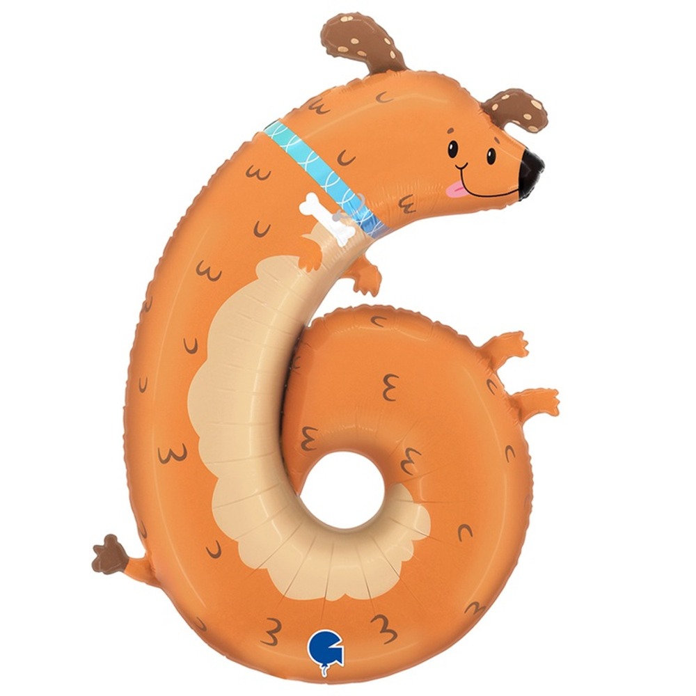 Шар Фольгированный Цифра 6 Собачка (Коричневый)