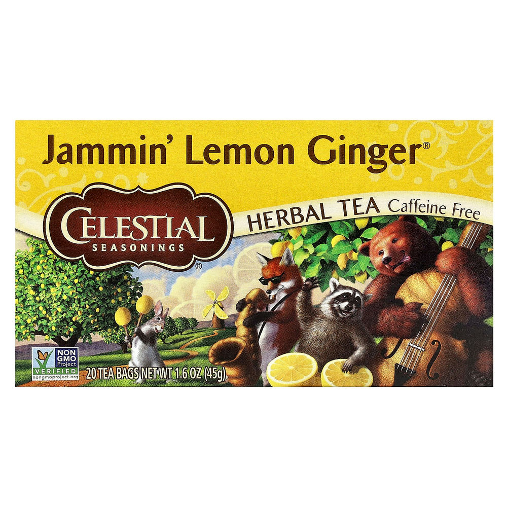 Celestial Seasonings, травяной чай, Jammin', лимон и имбирь, без кофеина, 20 чайных пакетиков, 45 г (1,6 унции)