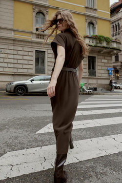 ZARA ПЛАТЬЕ МИДИ С ПОЯСОМ, КОРИЧНЕВЫЙ
