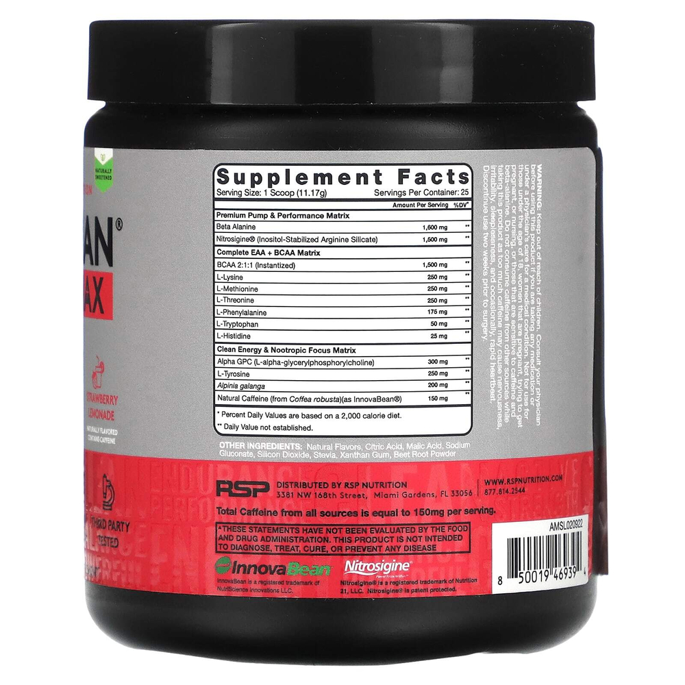 RSP Nutrition, AminoLean Max, добавка для повышения уровня энергии перед тренировкой, клубничный лимонад, 279 г (9,85 унции)