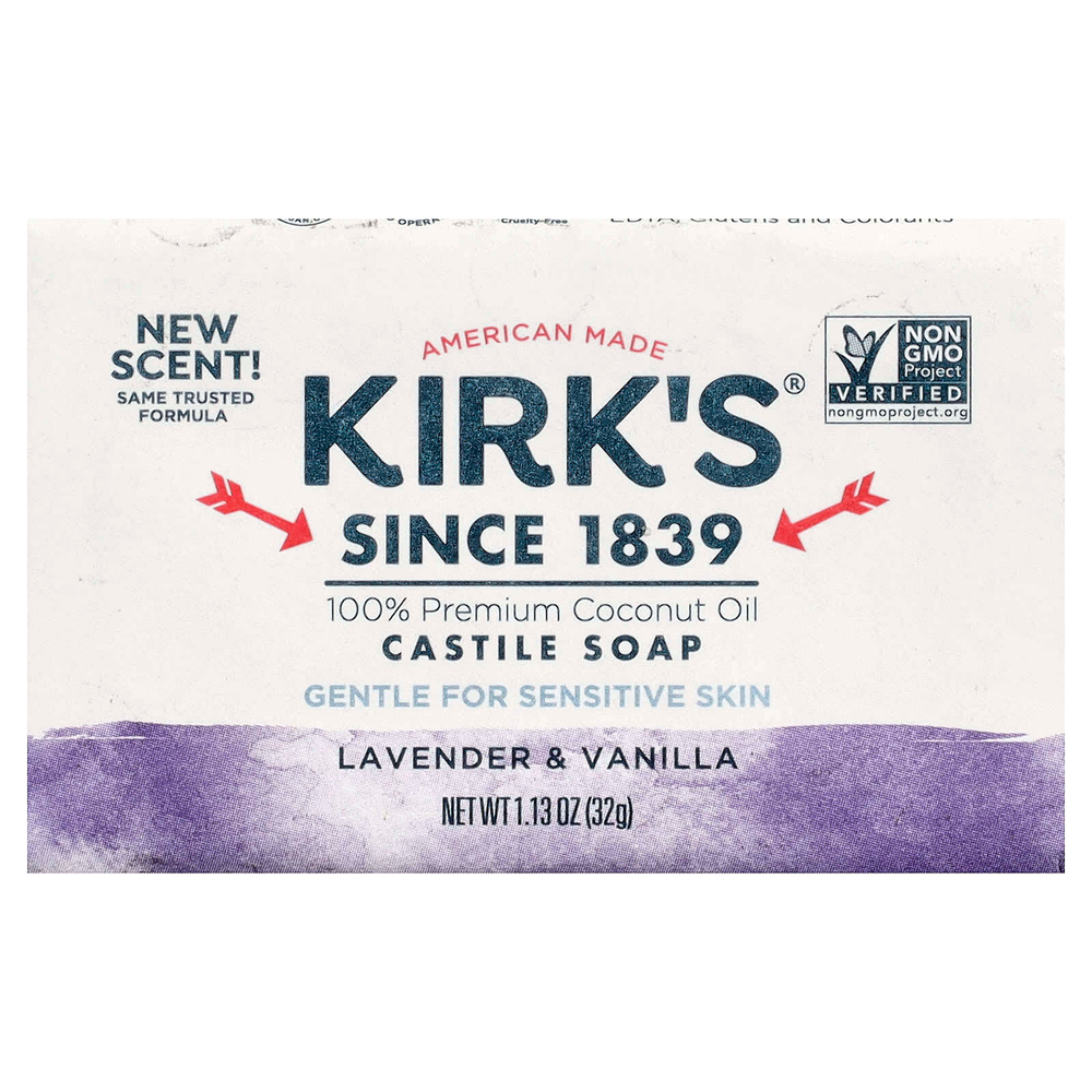 Kirk's, 100% кастильское кусковое мыло премиального качества с кокосовым маслом, лаванда и ваниль, 32 г (1,13 унции)