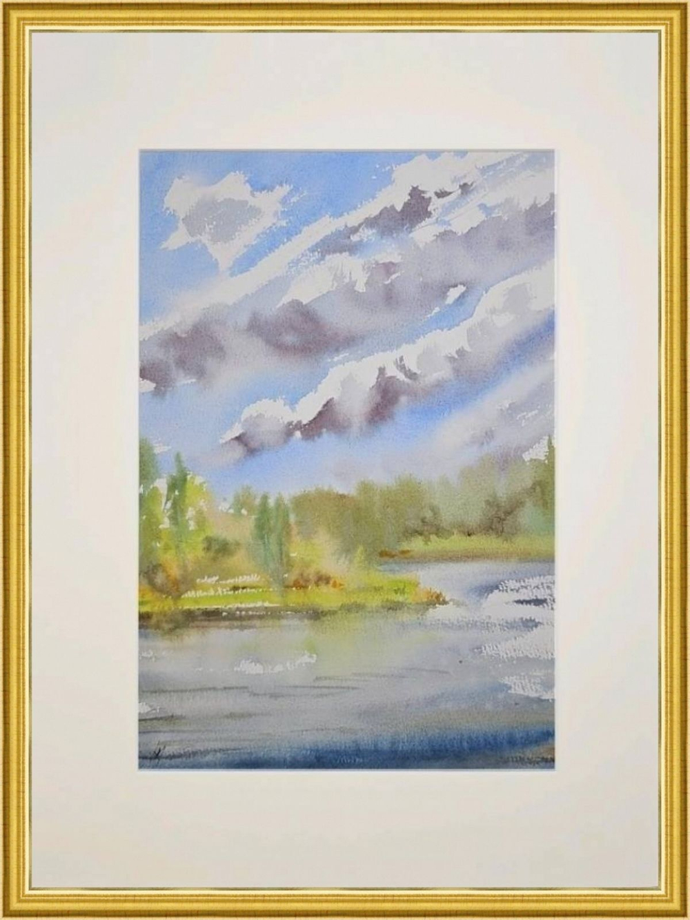 Картина акварельная в паспарту 30х40 см на стену для интерьера "Облачный день на Желчи"