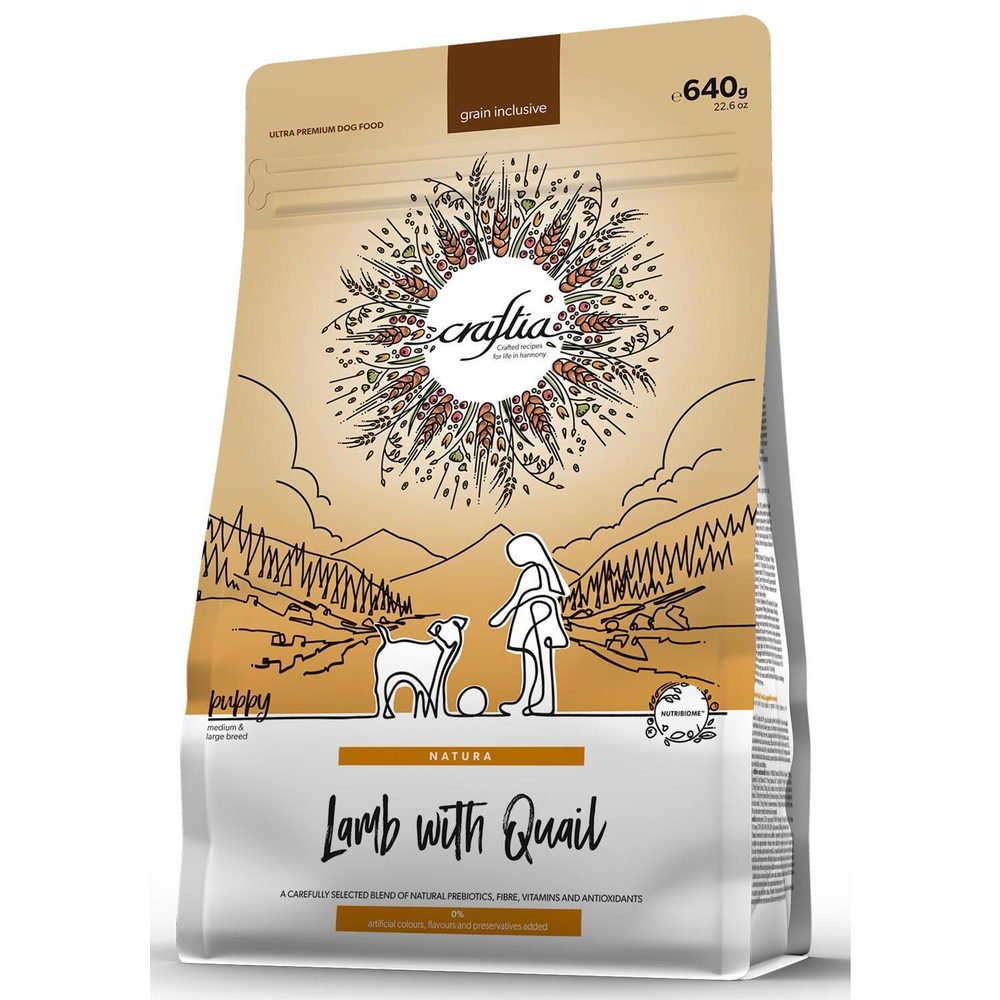 Корм для щенков Craftia Natura, 640 г, ягненок и перепелка