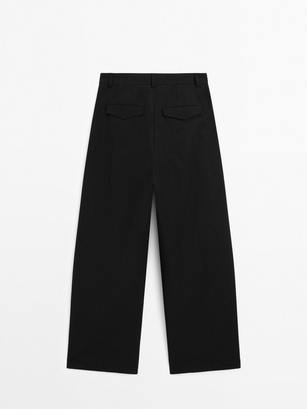 Massimo Dutti Широкие брюки из смесового хлопка со складками, черный