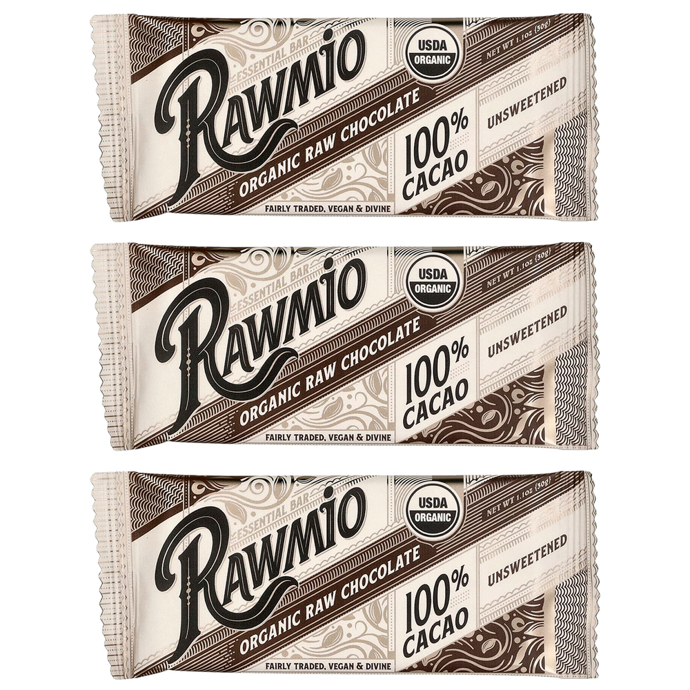 Rawmio, органический необработанный шоколад, без подсластителей, 100% какао, 3 плитки по 30 г (1,1 унции)