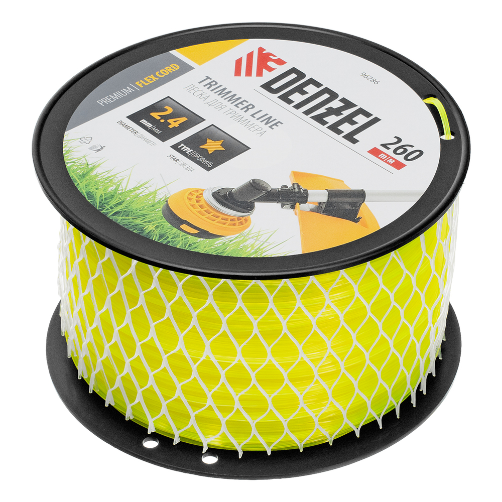 Леска для триммера звезда, 2,4мм х 260м, на DIN катушке FLEX CORD Denzel