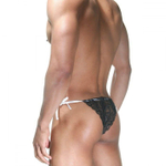 Мужские черно-белые кружевные трусы-танга на завязках (Размер: L-XL) (Цвет: черный с белым)