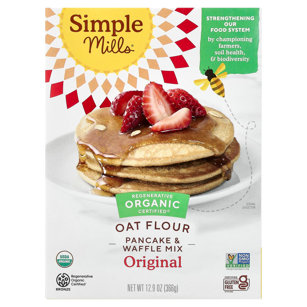 Simple Mills, смесь из органической овсяной муки для блинов и вафель, оригинальная, 366 г (12,9 унции)