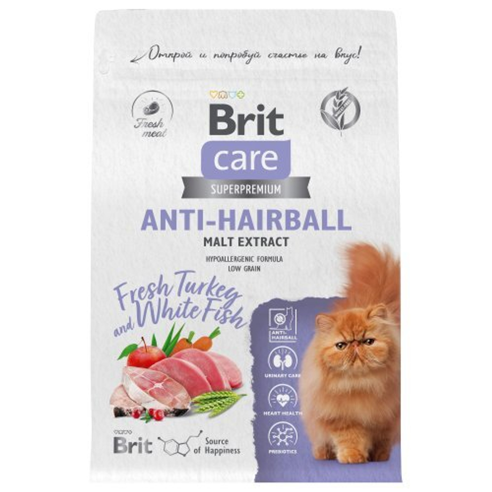 Сухой корм для взрослых кошек с белой рыбой и индейкой Cat Anti-Hairball BRIT CARE 0,4кг
