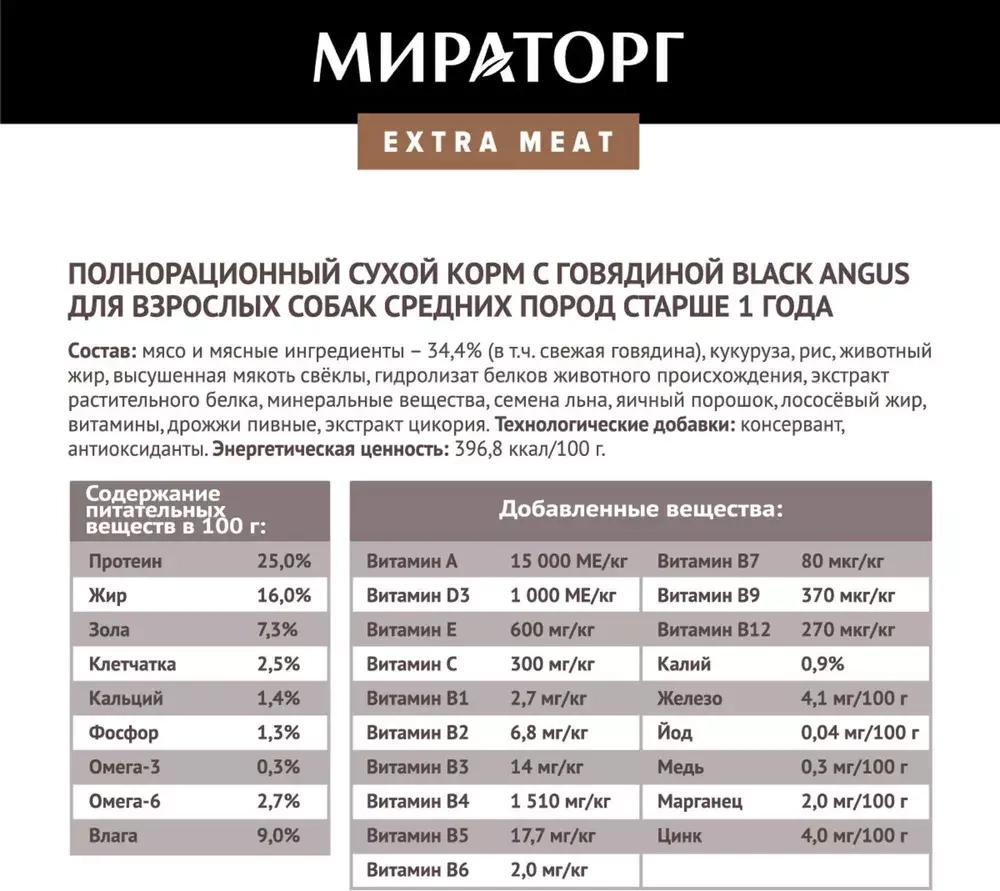 Мираторг Extra Meat Сухой корм для взрослых собак средних пород с Говядиной Блэк Ангус, 2,6 кг