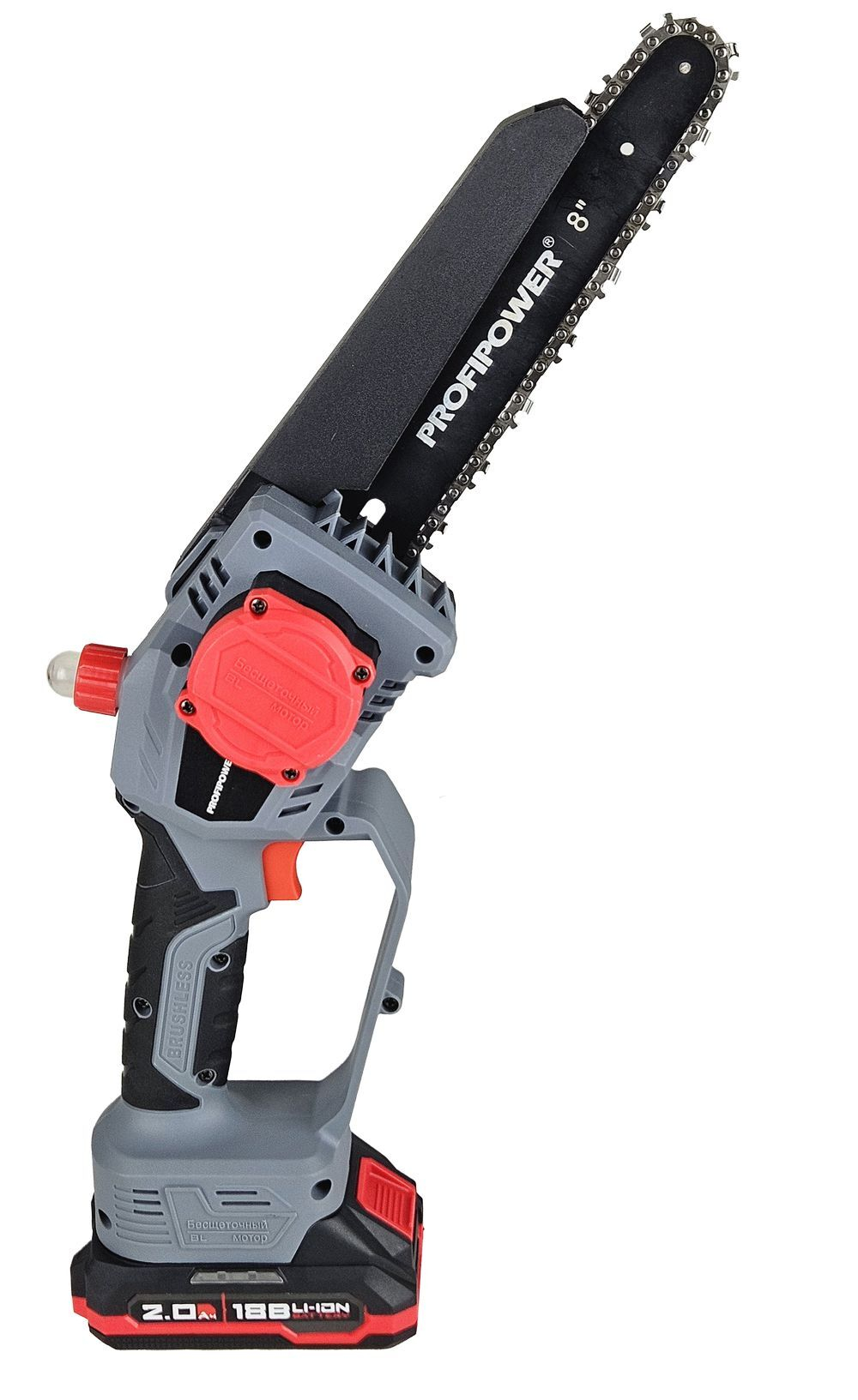 Аккумуляторная бесщеточная цепная пила PROFIPOWER MKGSH-18V (18В,Li-ion-2шт, 2.0Ач, 20см, 8",2шт-цепи,45звеньев, 0-4500 об/мин, З/У, в коробке)