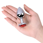 Серебристая коническая анальная пробка 7см с красным кристаллом-сердечком ToyFa Metal 717013-9