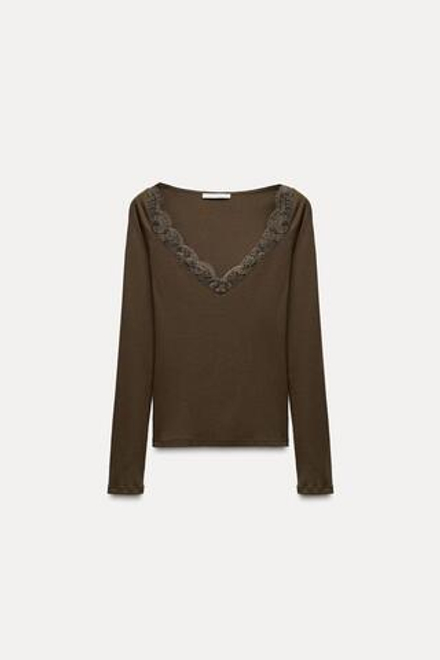 ZARA ТОП В РУБЧИК С КРУЖЕВНОЙ ОТДЕЛКОЙ, ТЕМНЫЙ ХАКИ
