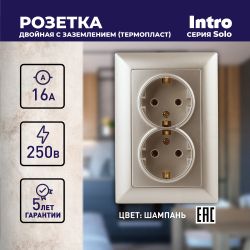 Розетка Intro Solo 4-205-04 с заземлением двойная 2X2P+E Schuko, 16А-250В, IP20, СУ, шампань