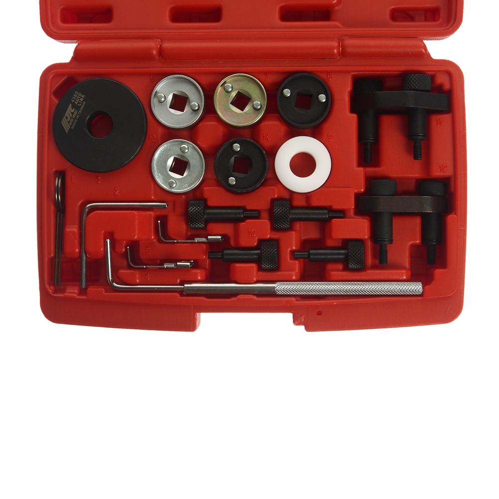 JTC-4382K - Набор для установки фаз ГРМ TSI, TFSI 1.8-2.0л расширенный (с JTC-6701,6702) JTC - 
Используется для правильной установки фаз ГРМ.
Применение: 2006-2013 VAG серия TSI, TFSI EA888 (1.8 л, 2.0 л). BYT, BZB,  CABA, CABB, CABD, CADA, CAEA, CAEB, CAWA, CAWB, CBFA, CCTA, CCZA,  CCZB, CCZC, CDAA, CDAB, CDHA, CDHB, CDNB, CDNC, CDND, CESA, CETA,  CFKA, CGYA, CJEB, CJSA, CJSB.
Оригинальный номер VM: T10352, /1, /2, /3, /4, T10368, T40196, T10354,  T10060A, T40011, T40098, T40267, T40271.