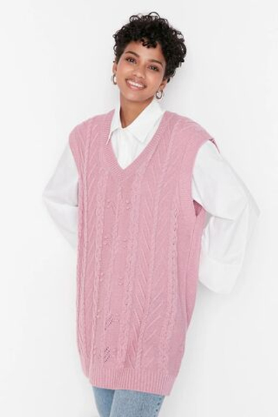 Розовый свитер из трикотажа с v-образным вырезом TCTAW23SV00005