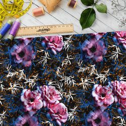 Ткань мембрана насыщенные розы на чёрном фоне с пыльцой