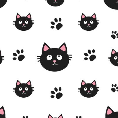 мордочки черного котика и лапки. веселый кошачий принт