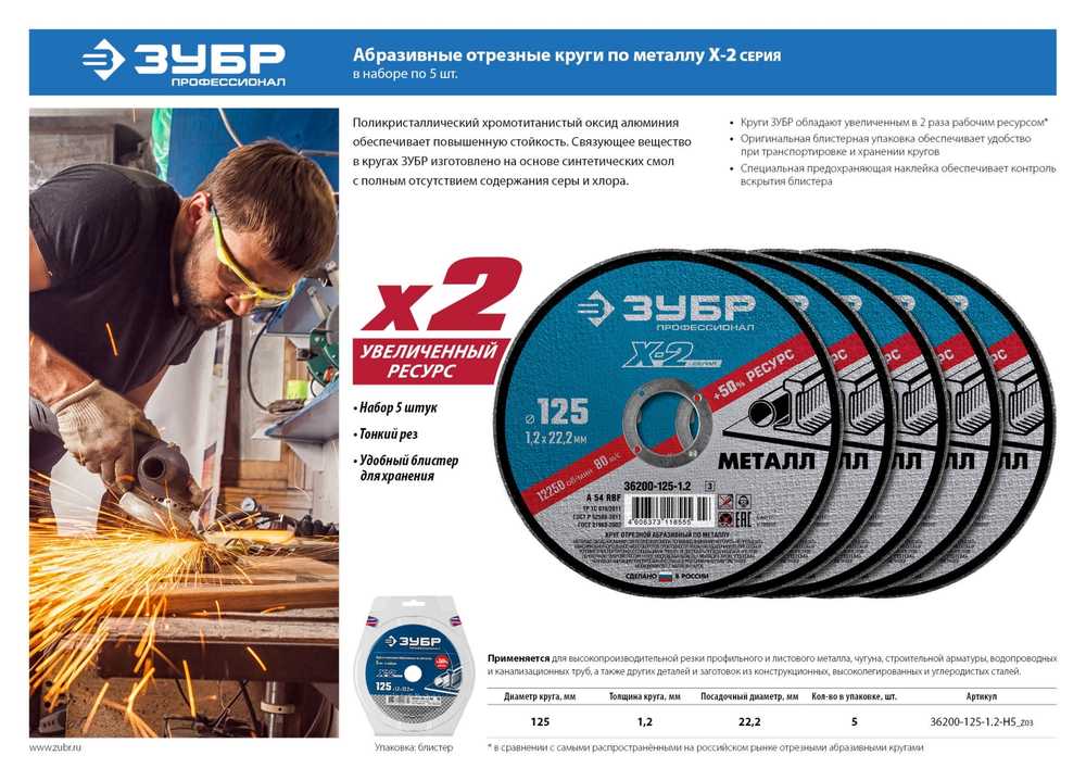 Набор 5 шт: Круги отрезные ″X-2″ по металлу 125х1,2х22мм, ЗУБР