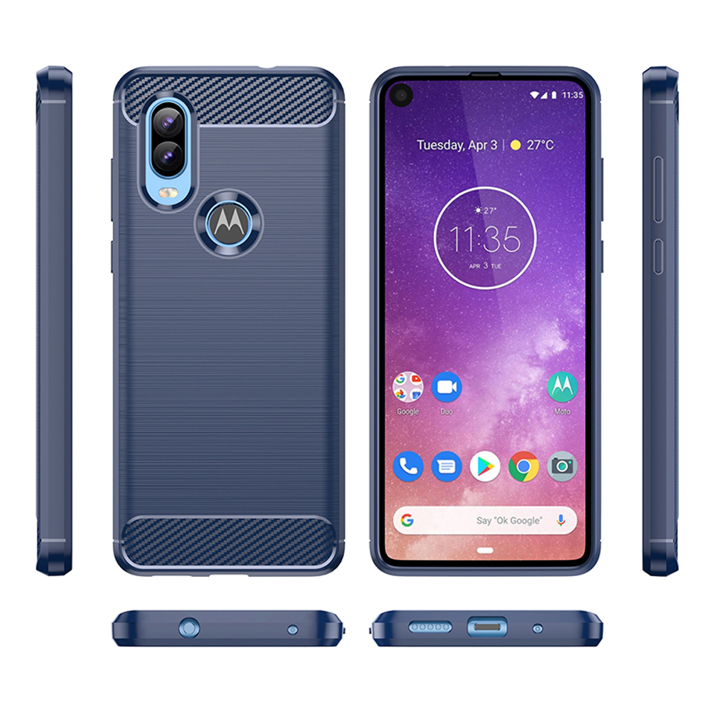 Мягкий защитный чехол синего цвета на смартфон Motorola Moto P50, серия Carbon от Caseport