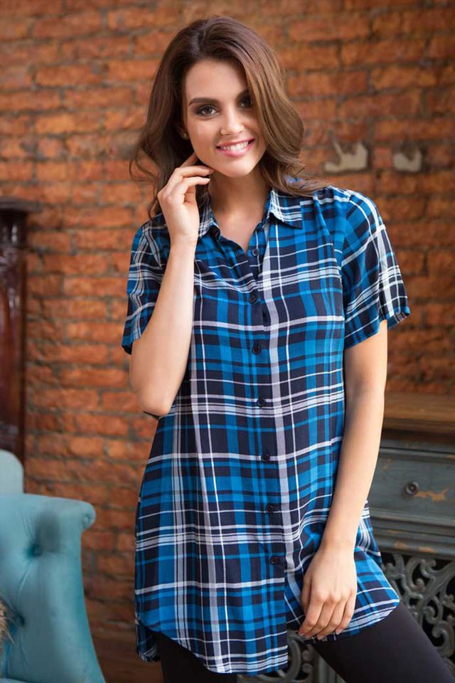 Туника домашняя синяя на пуговицах в клетку