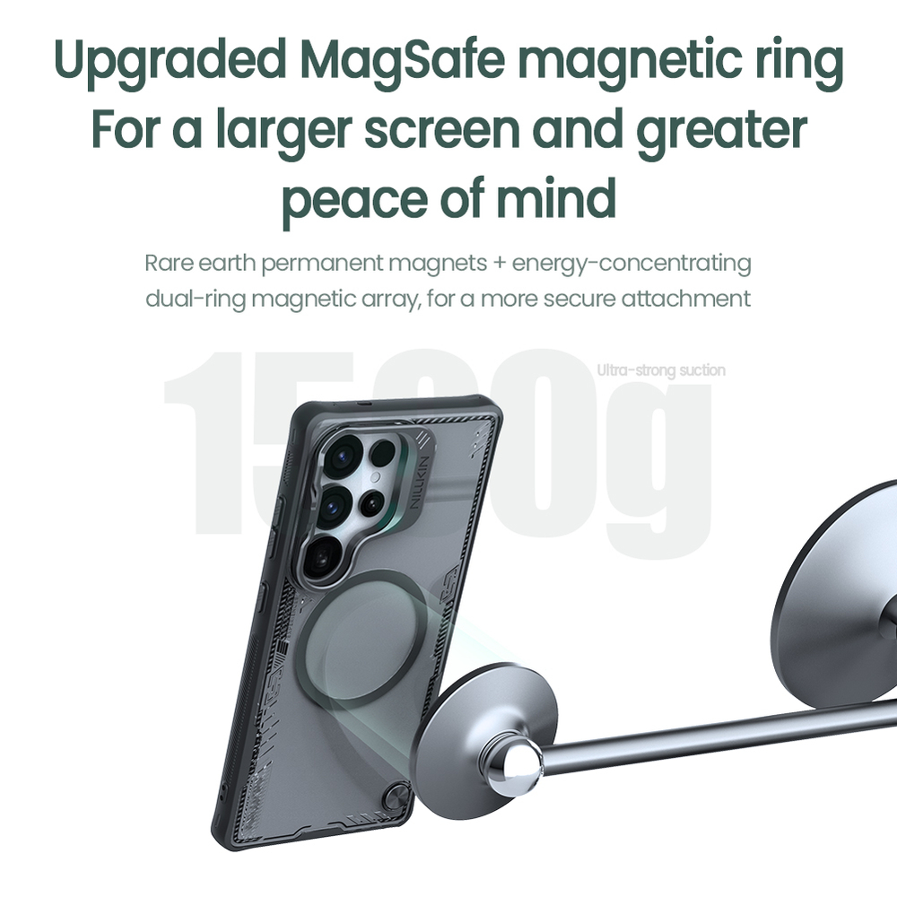 Чехол тонированный от Nillkin с MagSafe на Samsung Galaxy S25 Ultra, серия Iceblade Prop Magnetic с металлической откидной крышкой (версия с открытой камерой)