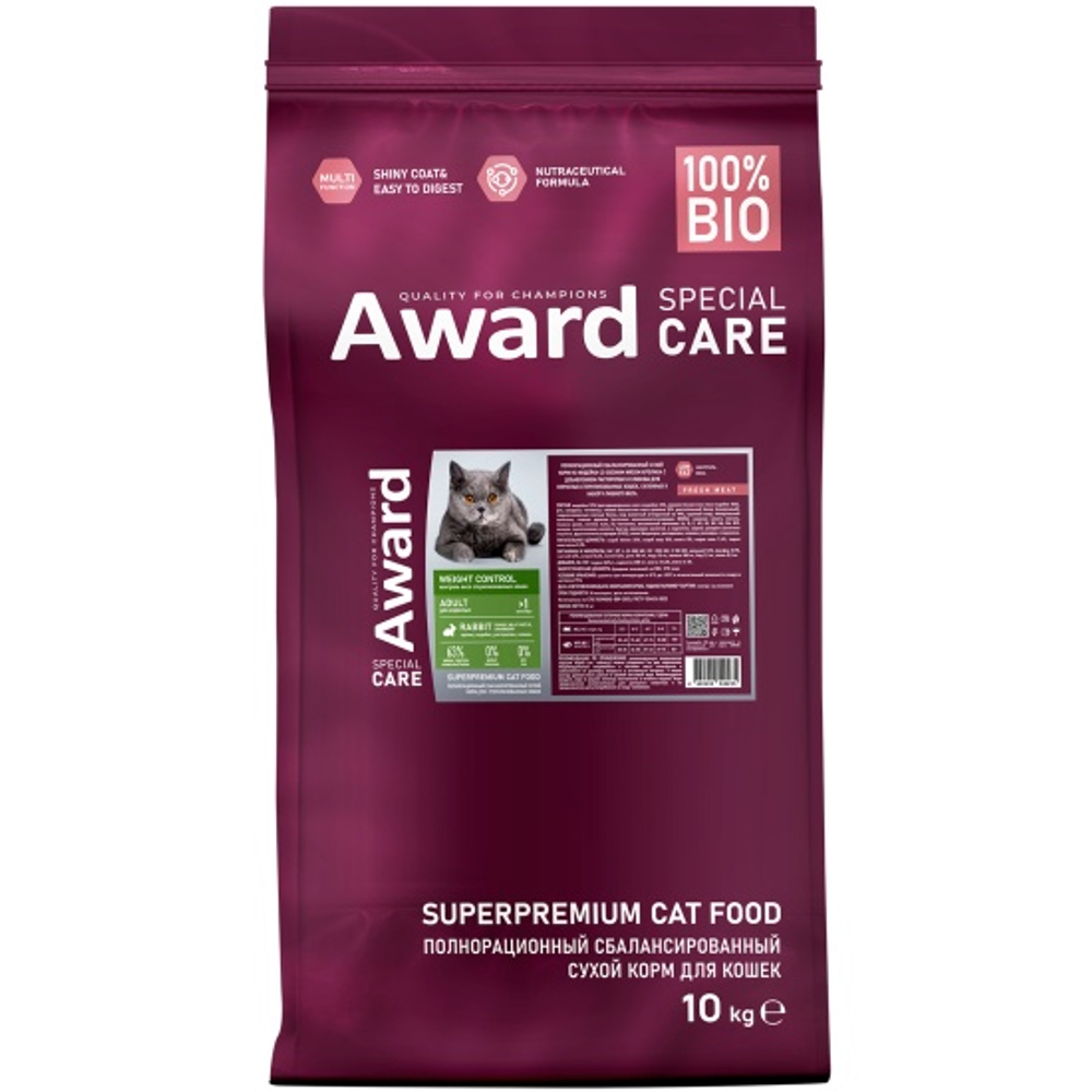 Сухой корм AWARD SPECIAL CARE Weight Control для взрослых стерилизованных кошек для контроля веса со свежим мясом кролика 10кг