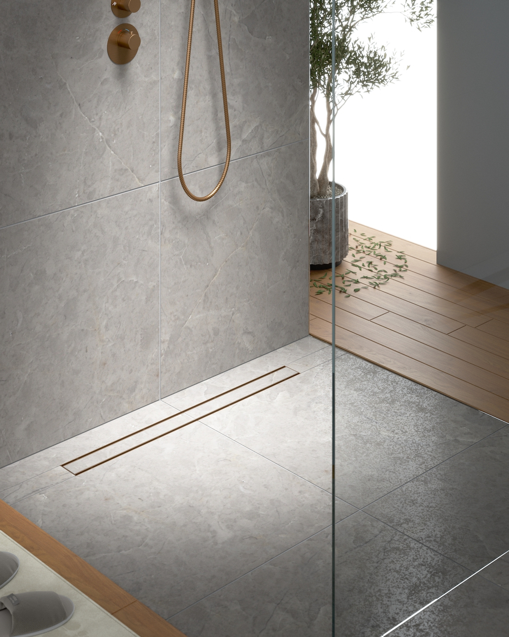 Душевой лоток Drain System 1000 DS230210/19 Розовое золото, с двусторонней панелью «Plate» под плитку
