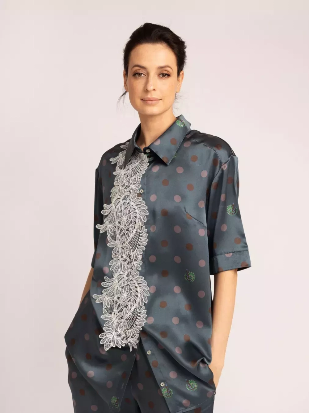 Рубашка женская шелковая Mollen Горох темно-бирюзовая