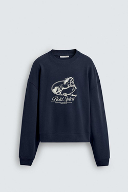 ZARA ТОЛСТОВКА CREWNECK С ПРИНТОМ «ЛОШАДЬ», МОРСКОЙ СИНИЙ