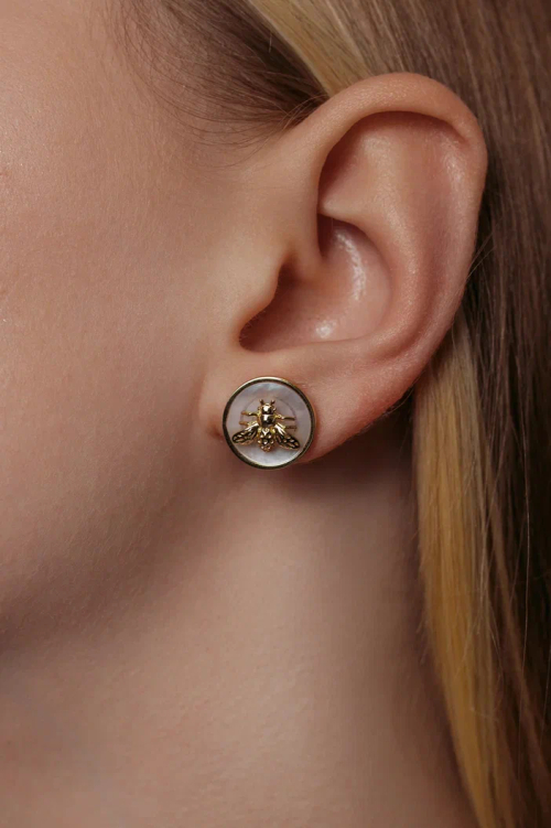 Серьги-пусеты "Мухи" в золочении с перламутром