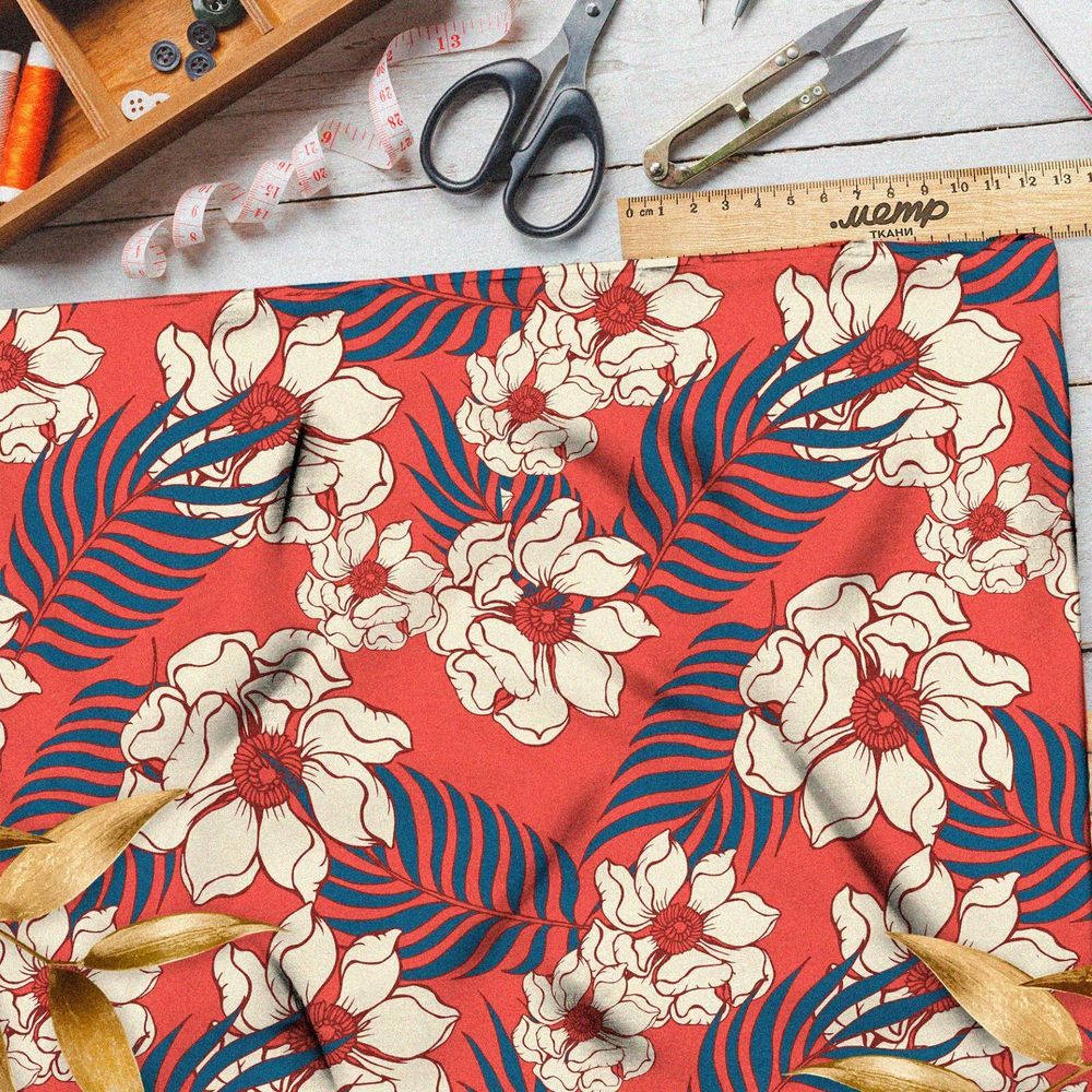 Ткань атлас пёстрый рисунок с белым цветком