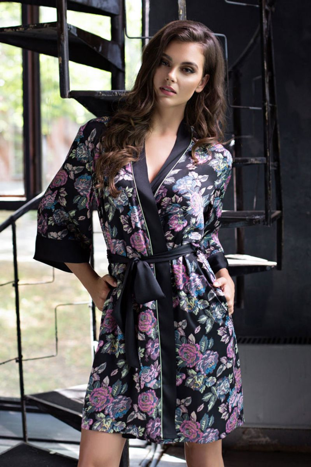 Кимоно Sharlotta из принтованного твила (Размер: M-L) (Цвет: черный с розовым)