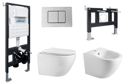 Комплект ABBER унитаз AC1100 белый с инсталляцией AC0105 и кнопкой AC0120 хром, биде AC1150 с инсталляцией AC0101P