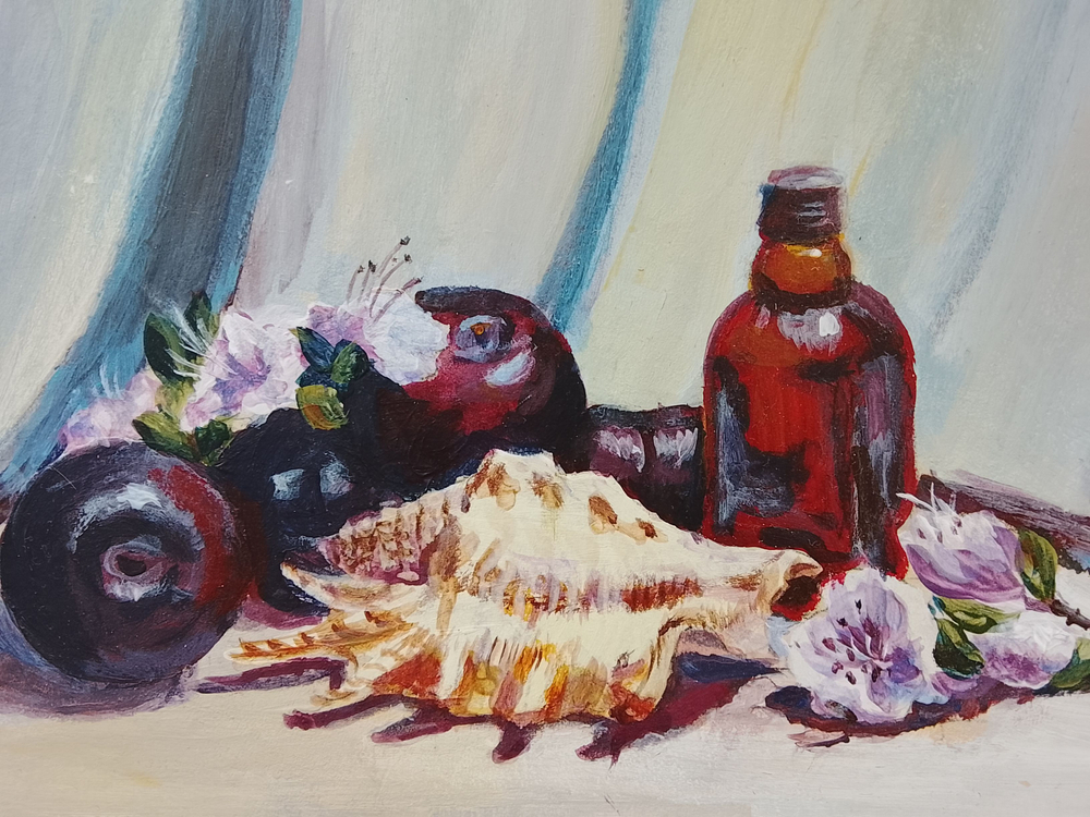 Картина "Натюрморт со сливами и ракушкой" авторская работа оригинал (акрил, картон) 240 мм на 150 мм без рамки