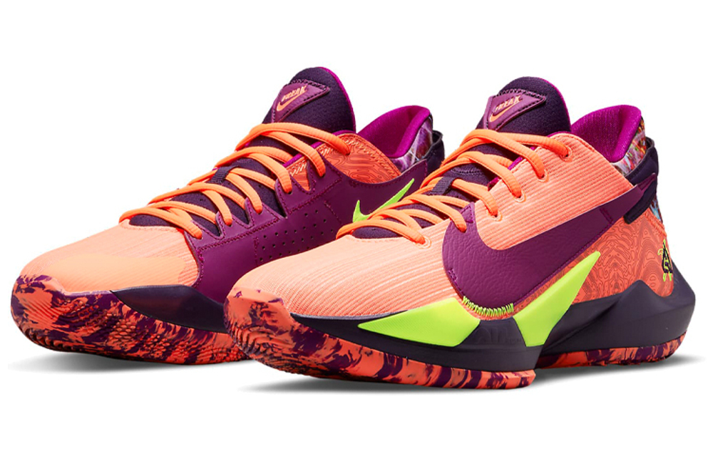 Nike Freak 2 round head lace-up fabric synthetic leather shock absorption non-slip wear-resistant low-cut actual combat basketball shoes men's orange purple