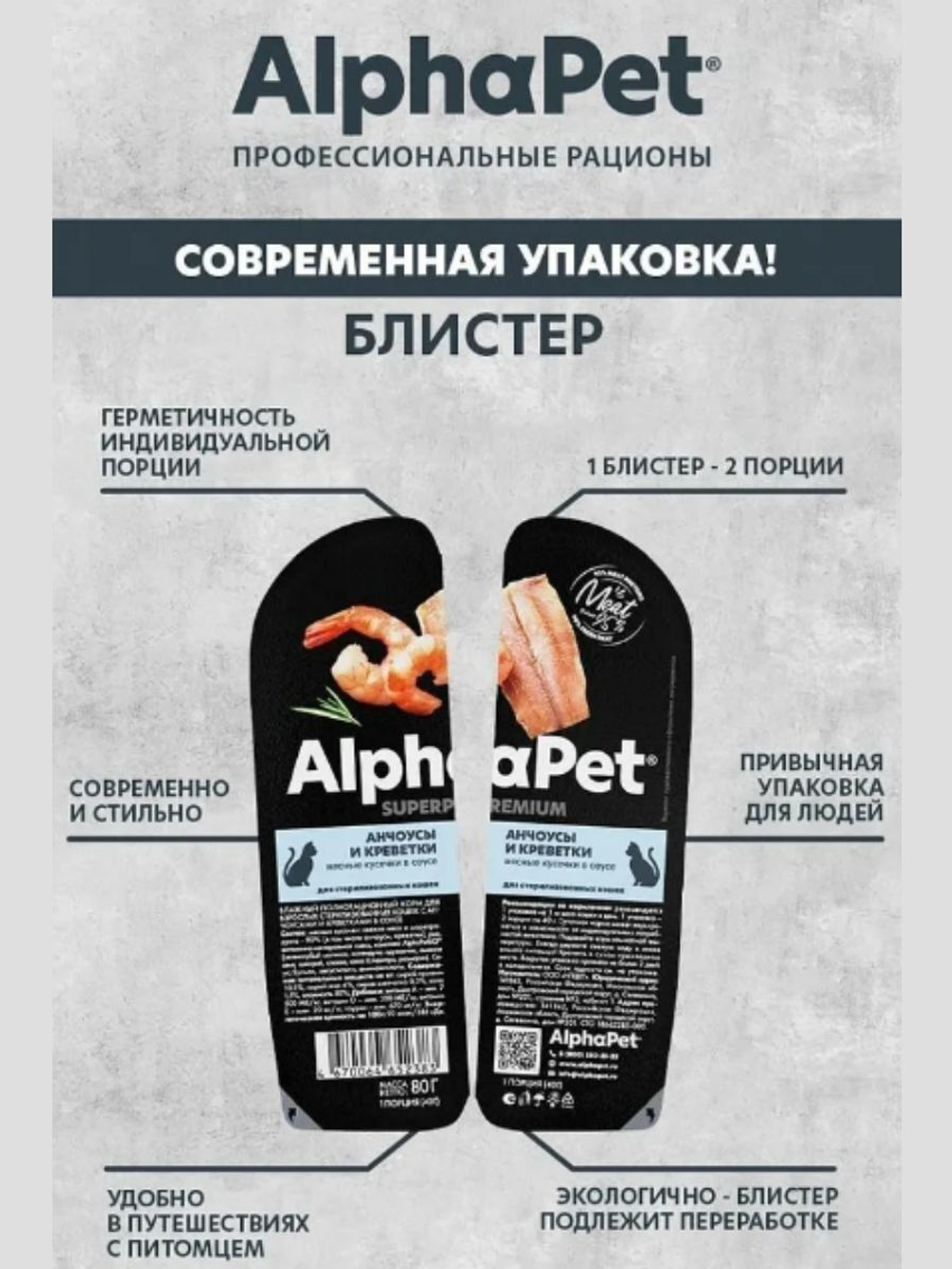 Влажный корм для стерилизованных кошек и кастрированных котов AlphaPet Superpremium, анчоусы, креветки кусочки в соусе 80 гр. В комплекте 15 шт