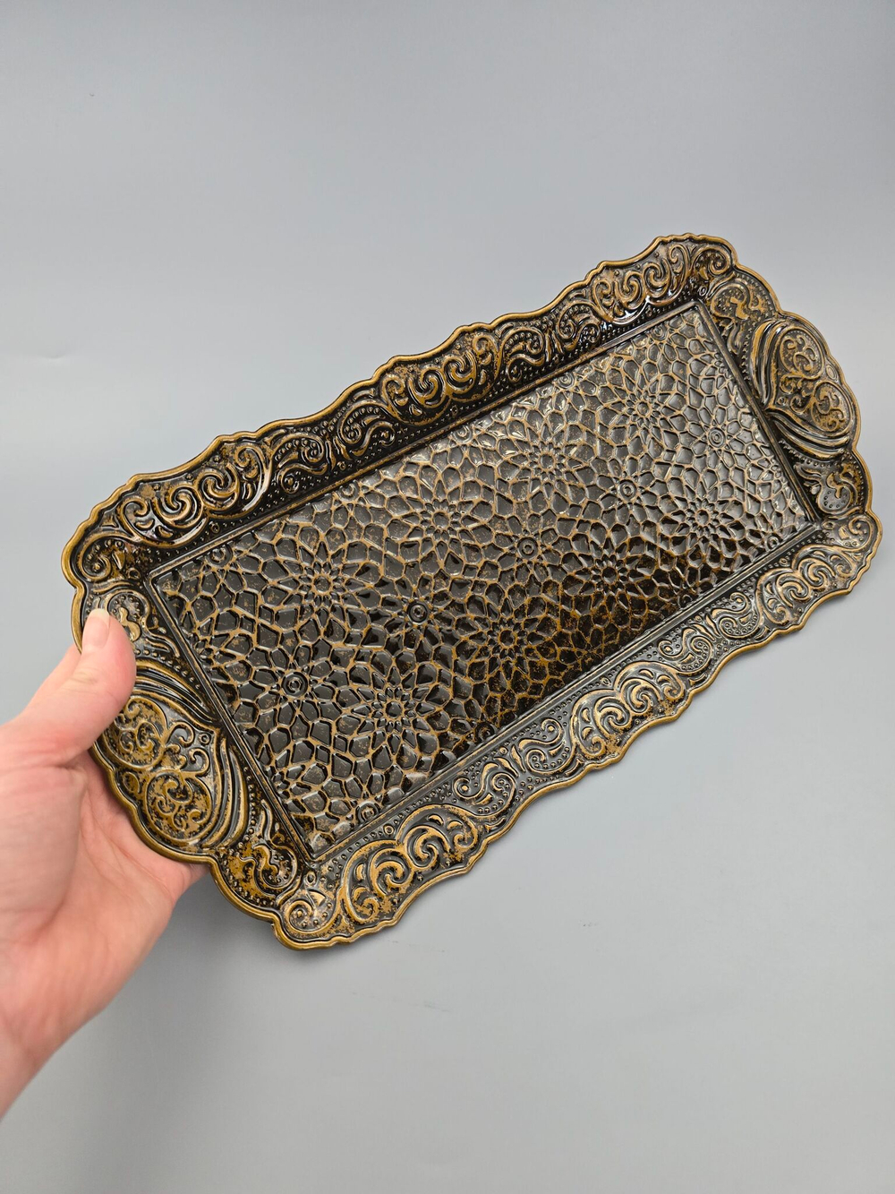Поднос прямоугольный декоративный 35*18 "Цветок" металлический /ACAR. Турция (серебристый)