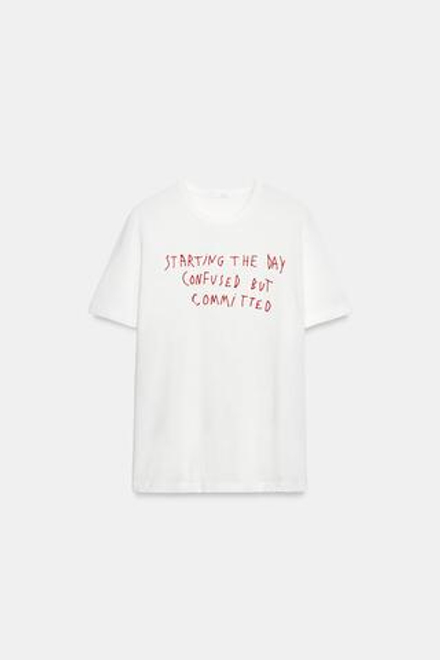 ZARA ФУТБОЛКА ФЛАМЕ С НАДПИСЬЮ, БЕЛЫЙ