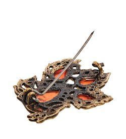 AM-2630 Брошь «Павлин сказочный» (латунь, янтарь)