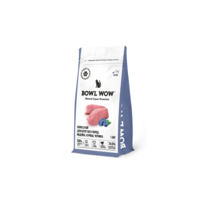 Сухой корм для котят с индейкой, курицей и черникой BOWL WOW 1,5кг