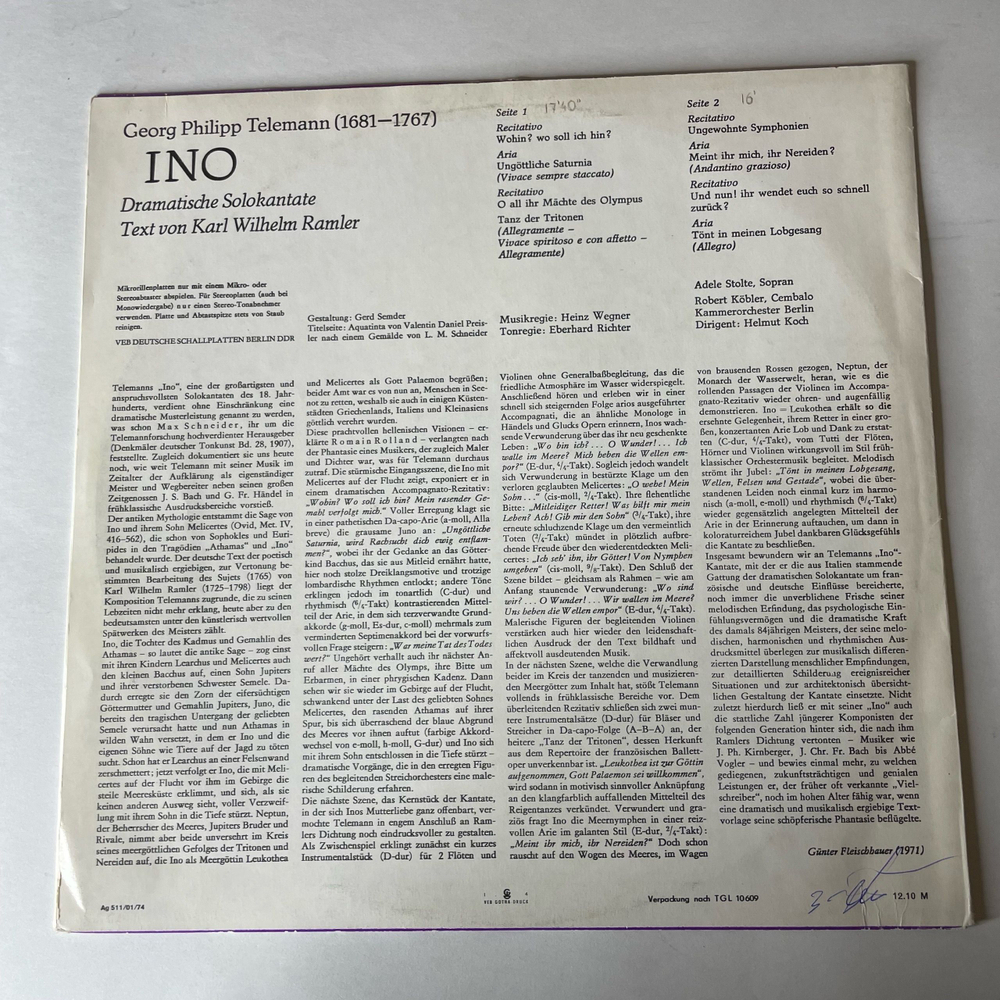 Винтажная виниловая пластинка LP Georg Philipp Telemann Телеманн, Adele Stolte, Kammerorchester Berlin, Helmut Koch, Ino (Kantate) (ГДР 1971)