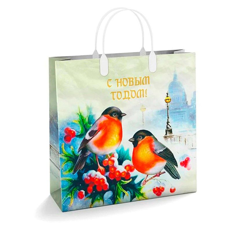 Сумка новогодняя Россия 30*30 см 150 мкм пласт. ручка Пернатые друзья 1 шт 40 шт/кор
