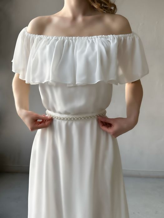 Свадебное нарядное выпускное платье из шифона с воланом макси (молочный)