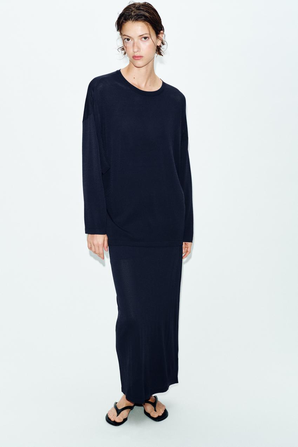 ZARA ТОНКИЙ ТРИКОТАЖНЫЙ СВИТЕР ОВЕРСАЙЗ, МОРСКОЙ СИНИЙ