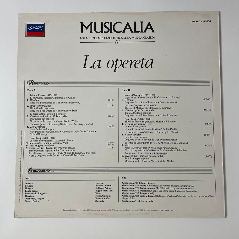 Винтажная виниловая пластинка LP Сборник Оперетт Musicalia 61. La Opereta (Испания 1987)